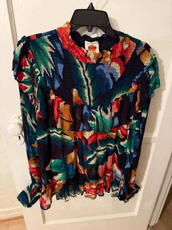 FARM Rio Tops - FARM Rio Women's Chevron Black Forest Smocked Ruffle Blouse, Large